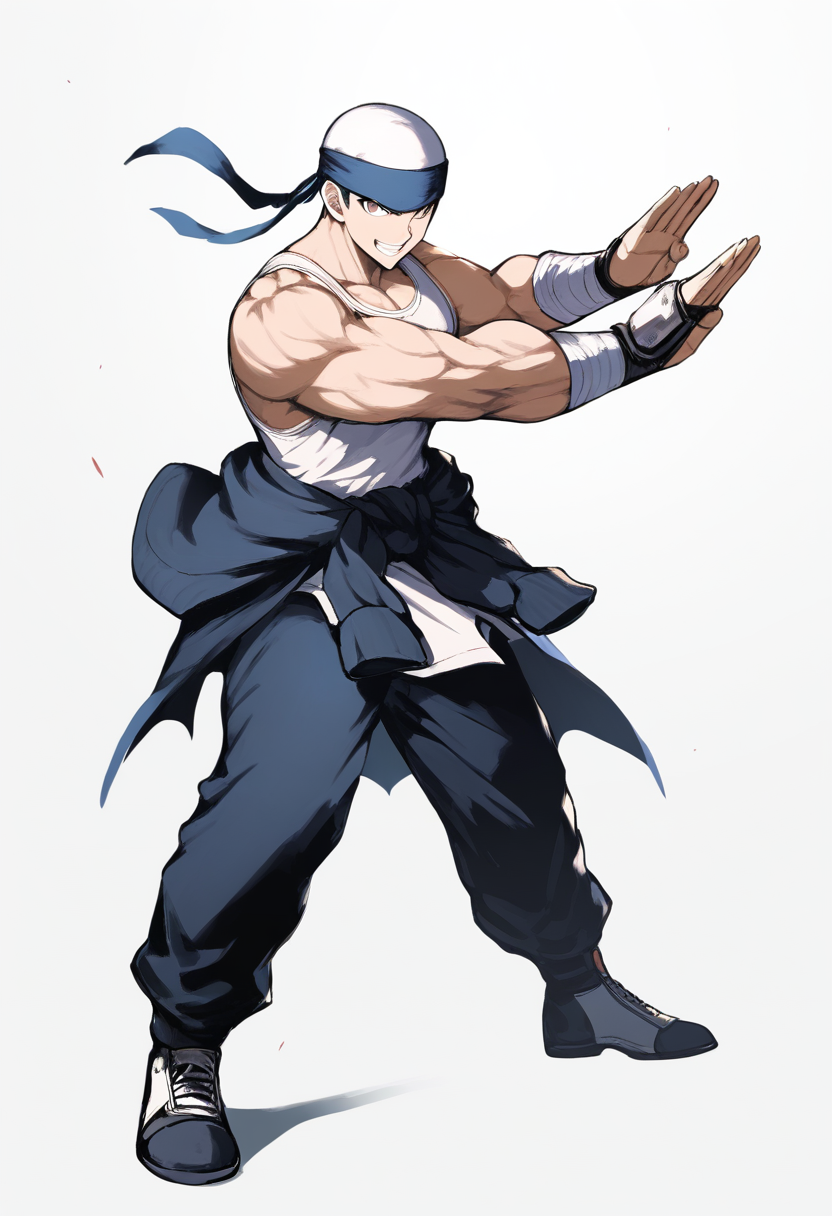 An ultimate martial artist in torn school uniform showing bandages, spiky hair, fighting stance with intense eyes