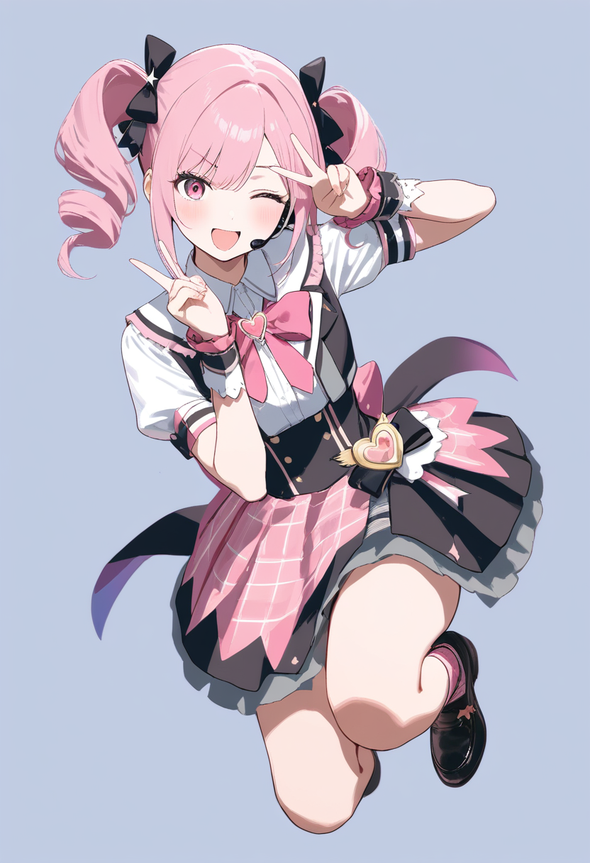 An ultimate idol in customized cute school uniform, pink twin drills hair, holding a microphone, winking with peace sign