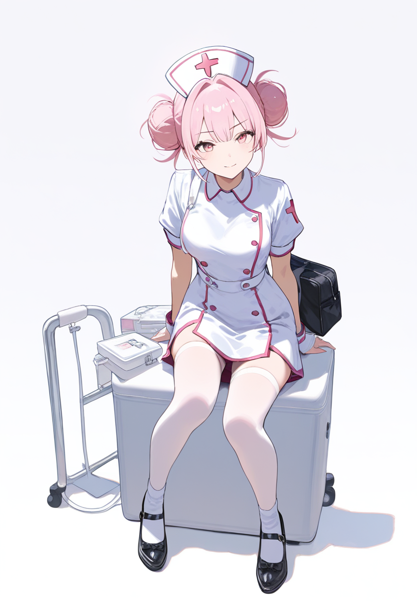 An ultimate nurse in white nurse outfit over school uniform, pink hair in bun, medical kit, gentle caring expression