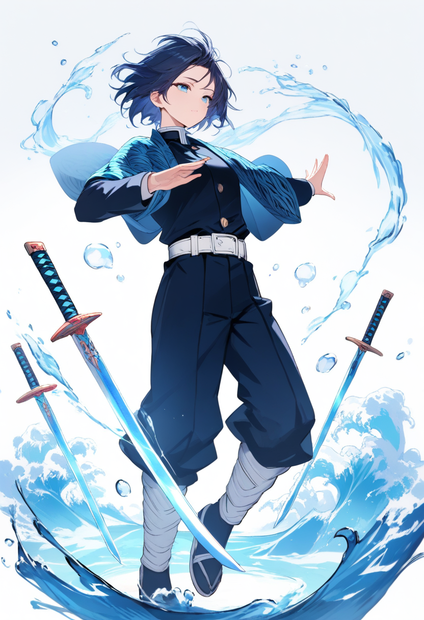 A water breathing swordsman with short blue-black hair, dark navy haori with water wave pattern, calm blue eyes, misty aura around blade