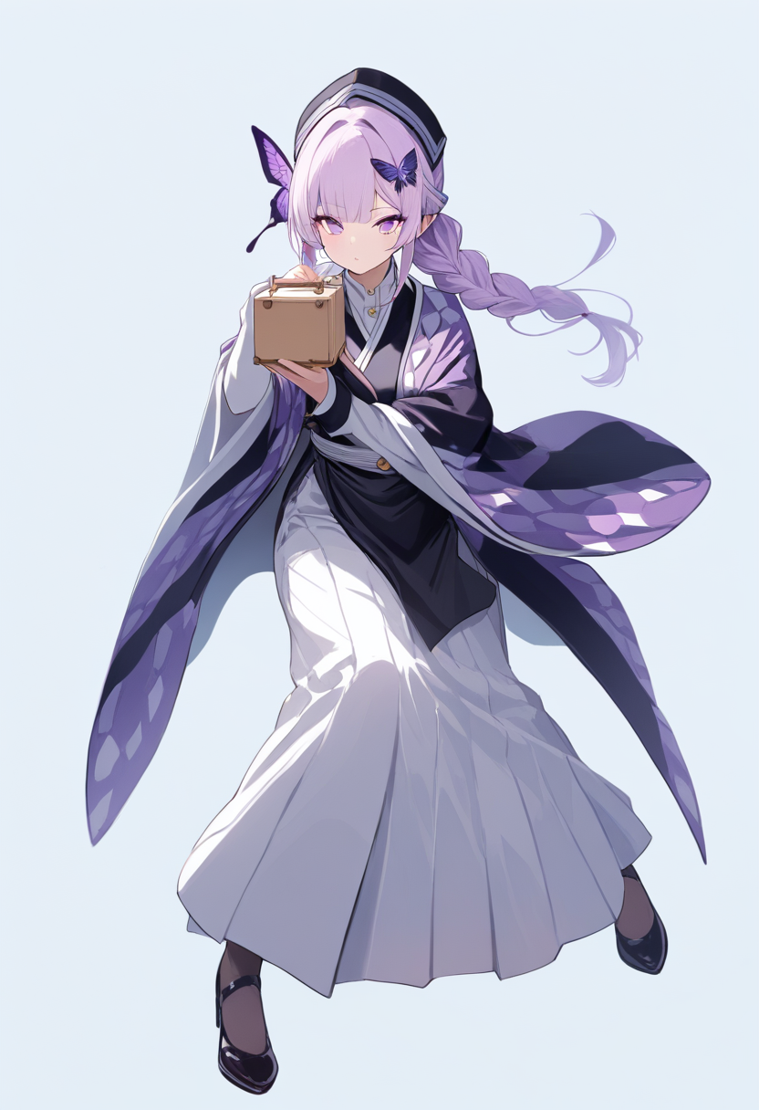 A butterfly mansion attendant with pastel lavender hair and butterfly hair clips, purple butterfly-pattern haori, holding medicine box