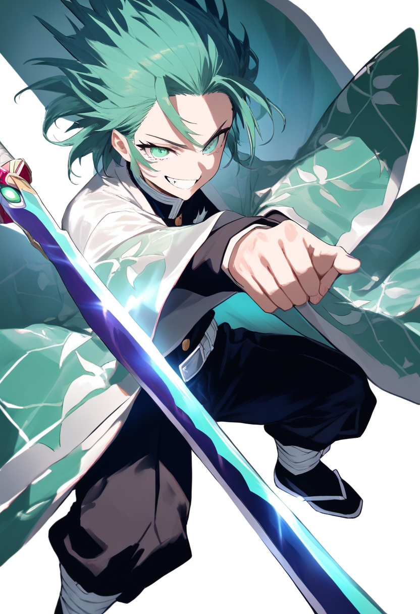 A wind breathing user with teal green hair swept back, sharp emerald eyes, windswept haori with leaf pattern, nichirin sword mid-slash