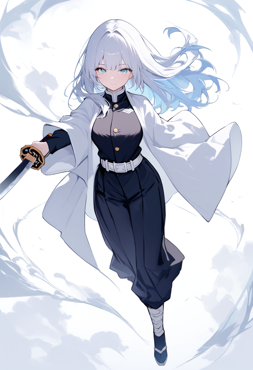 A mist breathing user with short pale blue hair, dreamy teal eyes, flowing white haori, nichirin sword held loosely in misty atmosphere
