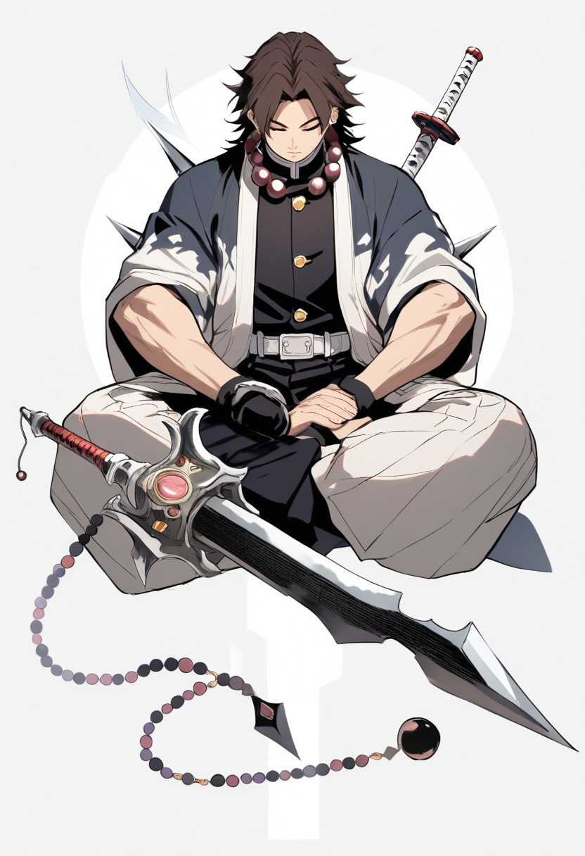 A stone breathing user with muscular build, prayer beads around neck, spiked flail weapon and nichirin axe-sword, earth-toned haori
