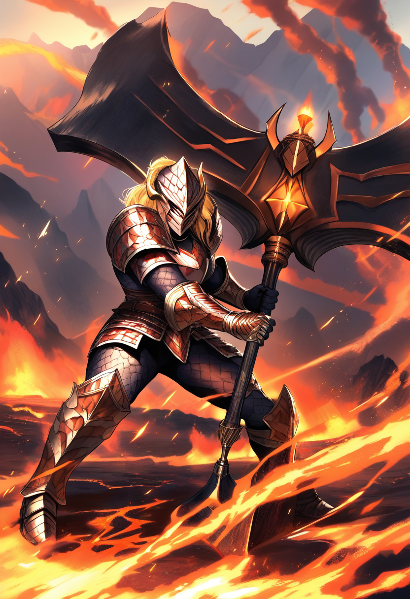 A dragonborn fighter with bronze scales, battle-scarred plate armor, massive greataxe, intimidating stance, volcanic battlefield background