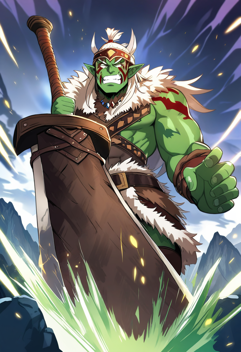 A half-orc barbarian with green skin, tribal war paint, fur-lined hide armor, massive greatsword, primal rage expression, stormy mountain peak