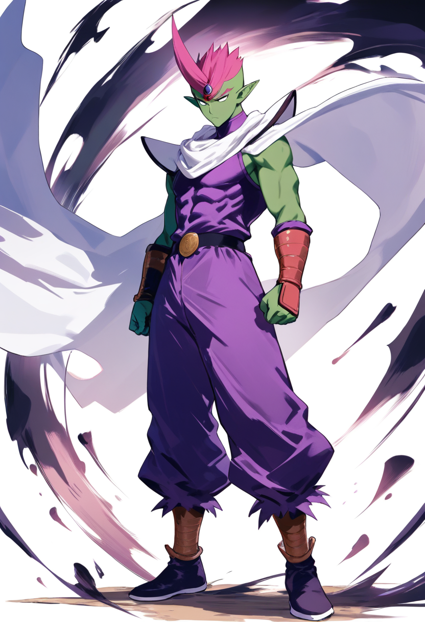 A namekian warrior with green skin, pointy ears, white cape over purple gi, tall and serious expression