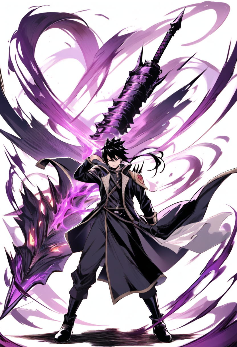 A shadow dragon slayer with dark shadow tendrils, messy black hair covering one eye, black coat and brooding dark aura