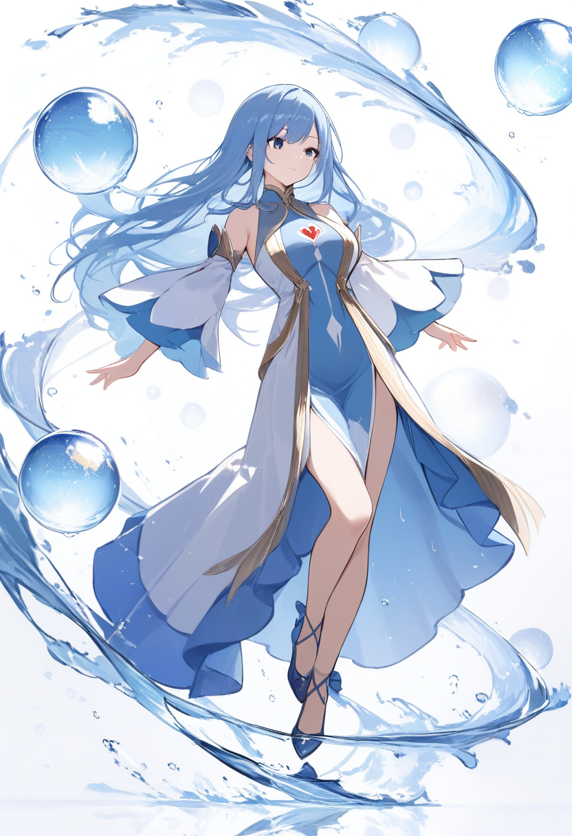 A water mage with blue water magic swirling, fairy tail guild mark, blue hair and elegant dress, graceful casting pose