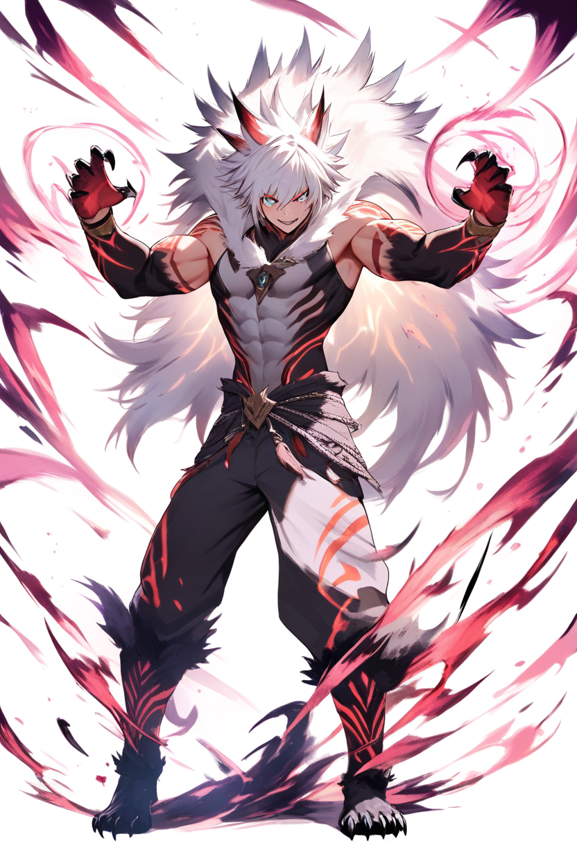 A beast soul takeover mage with partial beast transformation, clawed hands, wild white hair and fangs, fierce roar pose