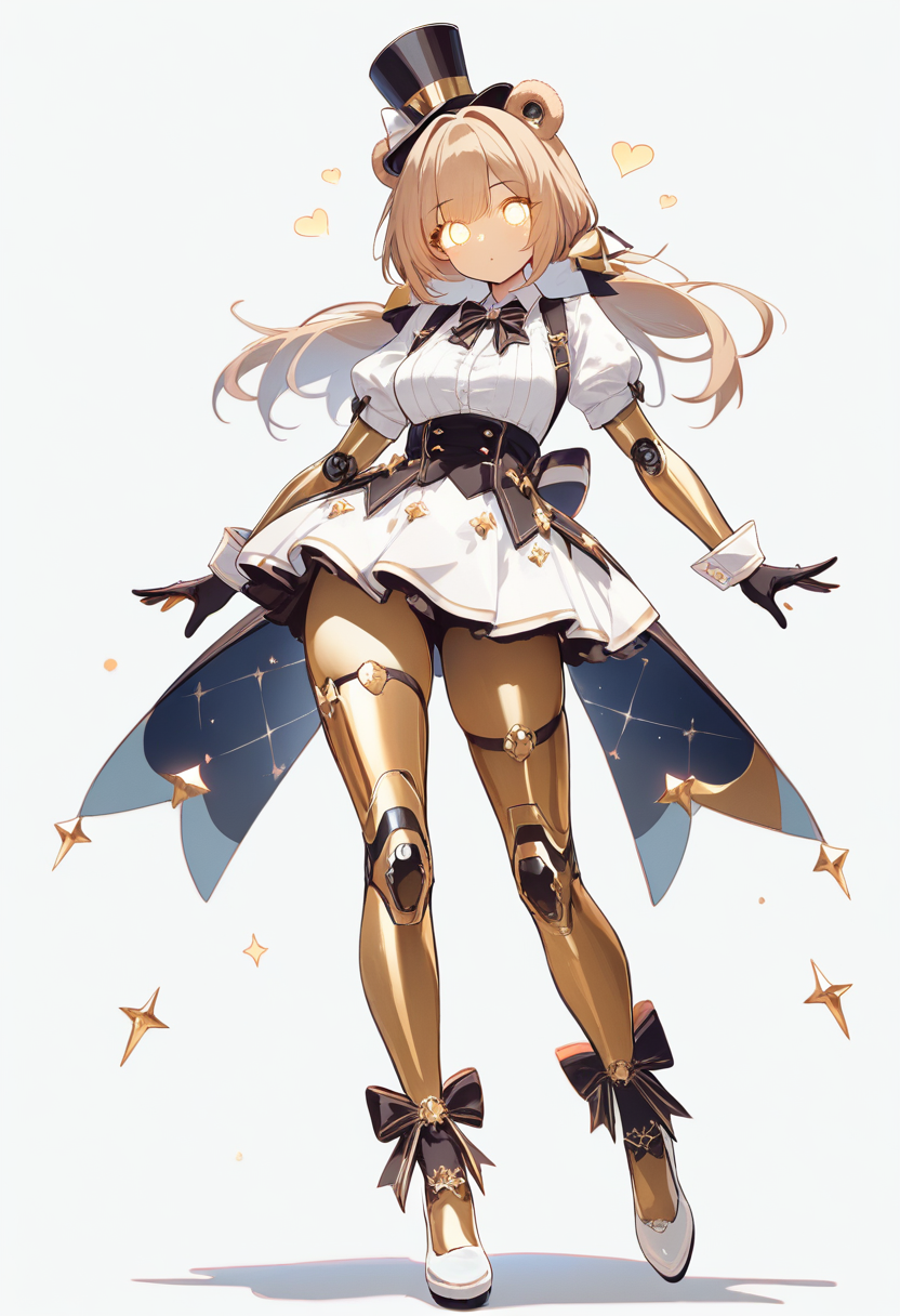 An animatronic girl with bear ears, golden brown metallic skin, top hat and bow tie, glowing eyes, cute robot aesthetic