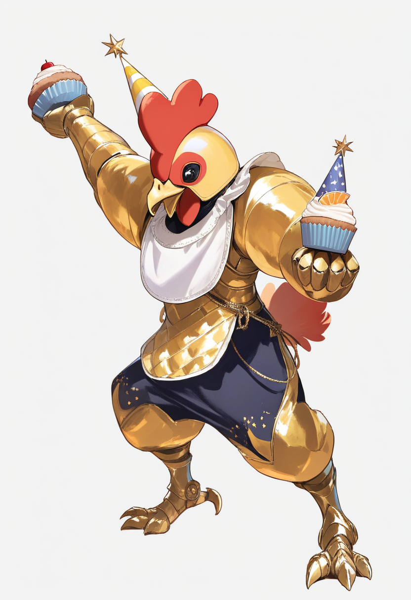 An animatronic boy with chicken features, yellow metallic body, bib, holding a cupcake with party hat in a cheerful pose
