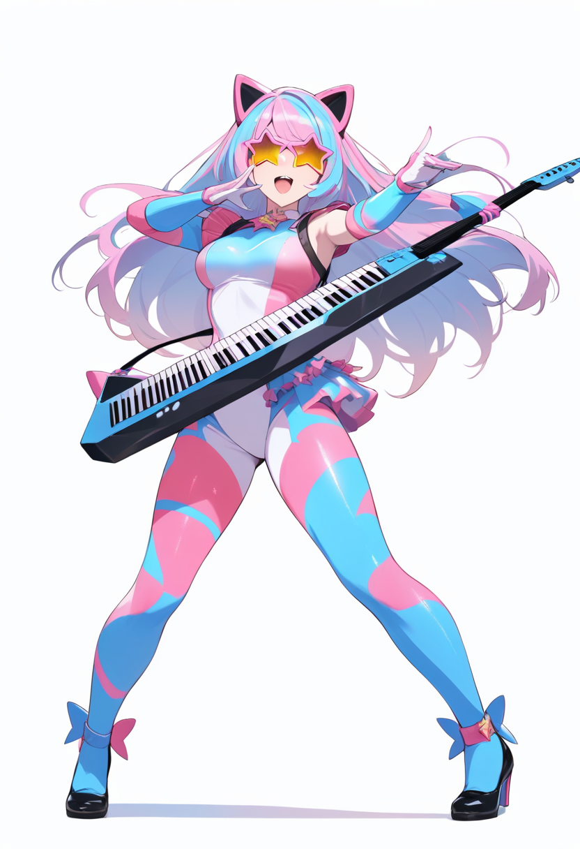 A glamrock animatronic girl with cat ears, neon pink and blue metallic body, keytar, star-shaped sunglasses in a performer pose