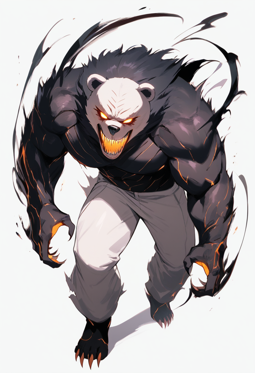 A nightmare animatronic with bear features, dark metallic body, sharp teeth visible, torn appearance with glowing orange eyes