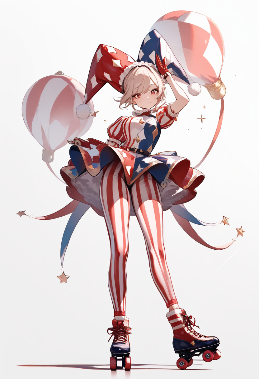 A circus animatronic girl in jester outfit, red and white segmented body, pigtails, roller skates in a playful pose