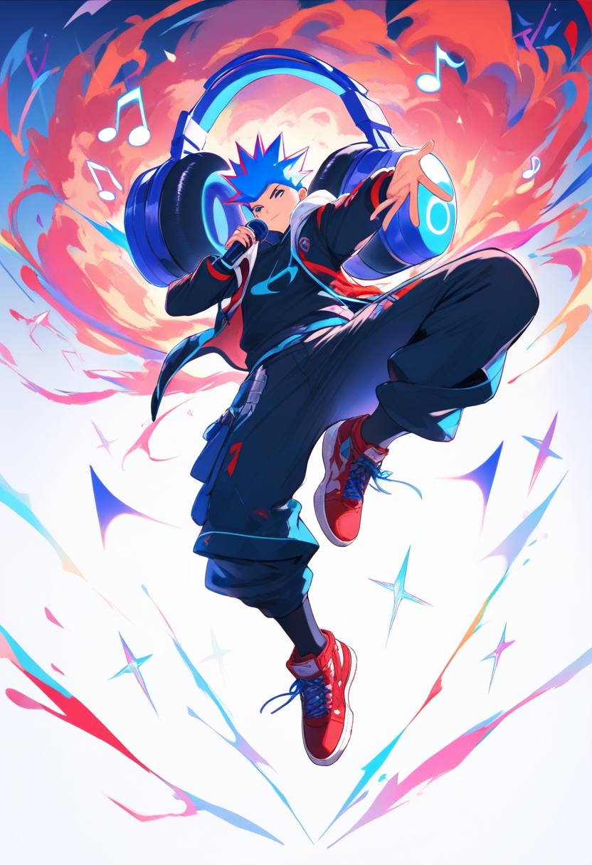 A confident rapper with blue spiky hair holding a microphone, oversized headphones and red sneakers, musical notes floating