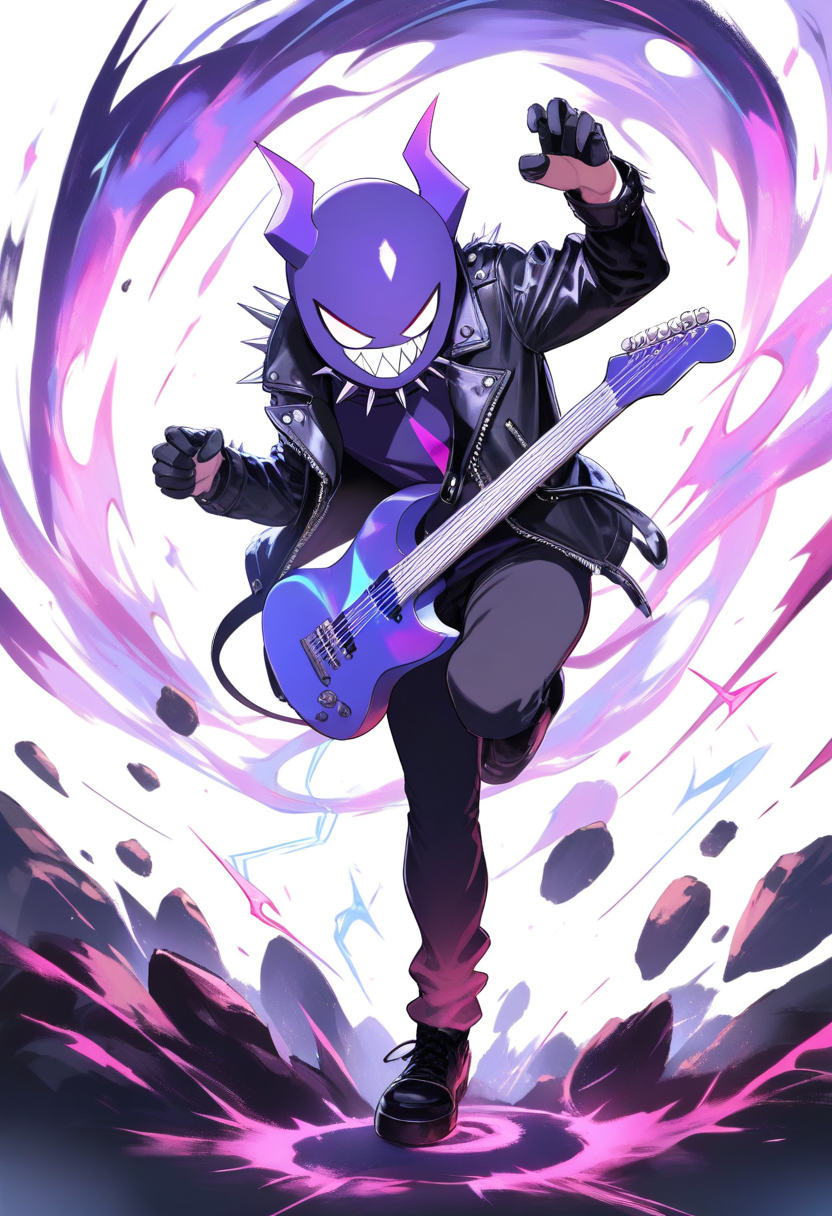 A rhythm game demon with purple horns and sharp teeth, electric guitar and leather jacket, rock pose with musical energy