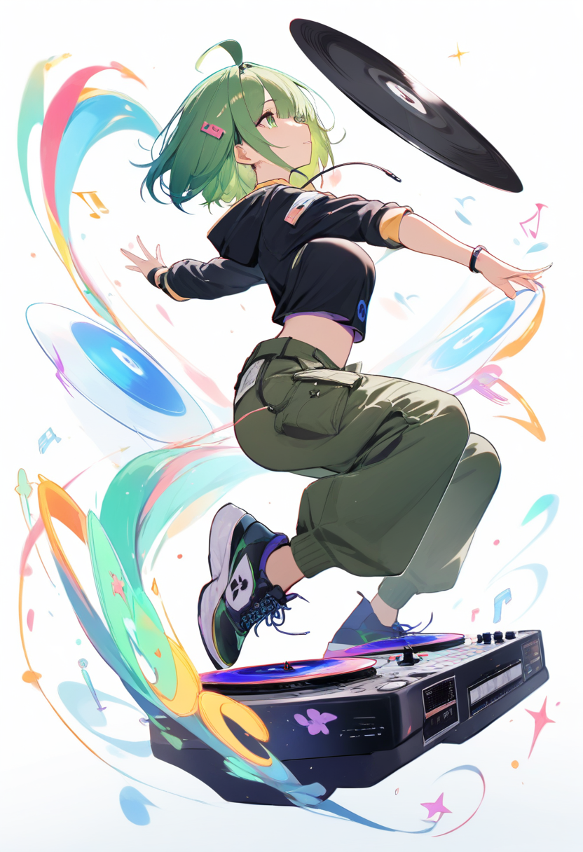 A DJ girl with green hair and musical note clips, turntable setup, crop top hoodie and cargo pants, vinyl records floating