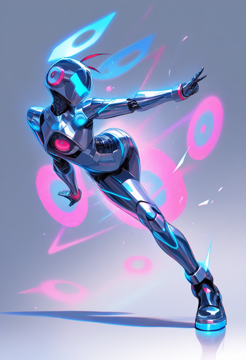 A rhythm game robot with chrome body and LED panels, speaker chest and antenna ears, breakdancing with neon glow