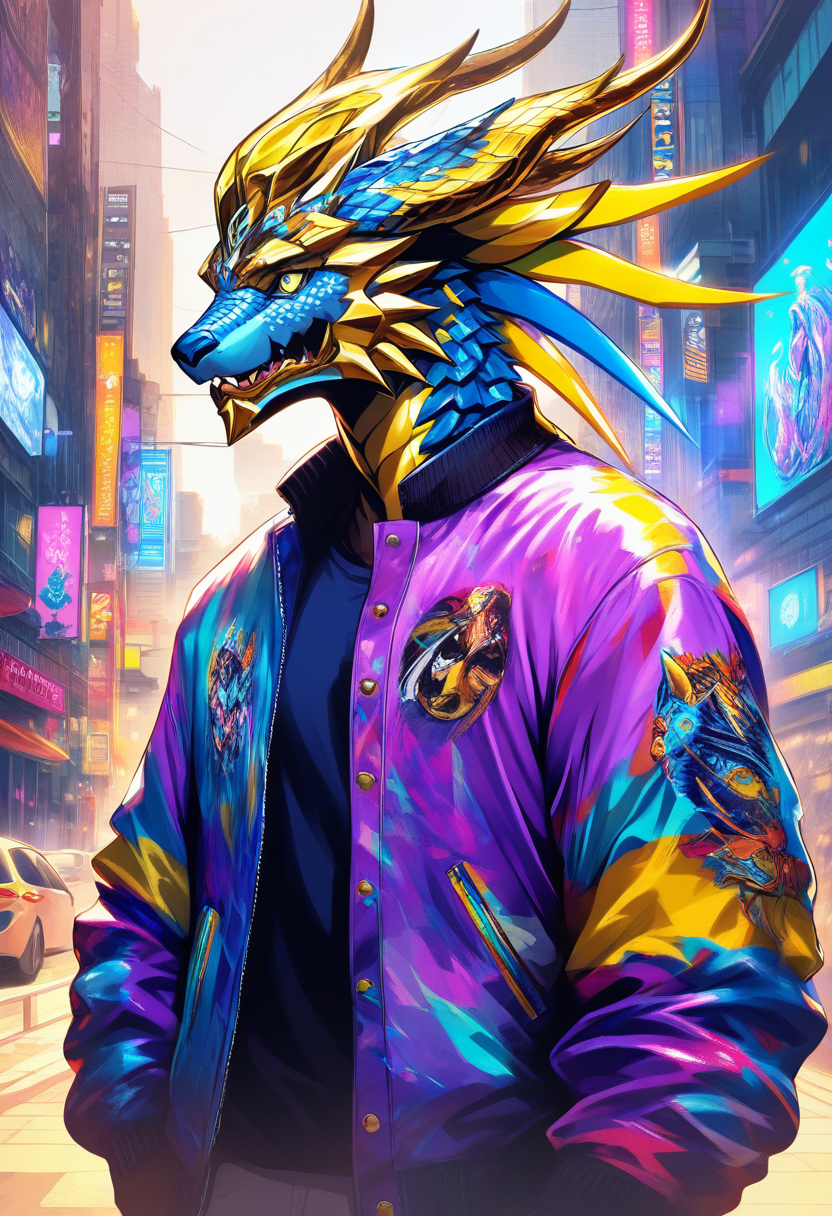 Anthro dragon with colorful blue and purple scales, golden horns, casual streetwear jacket, cool urban vibe