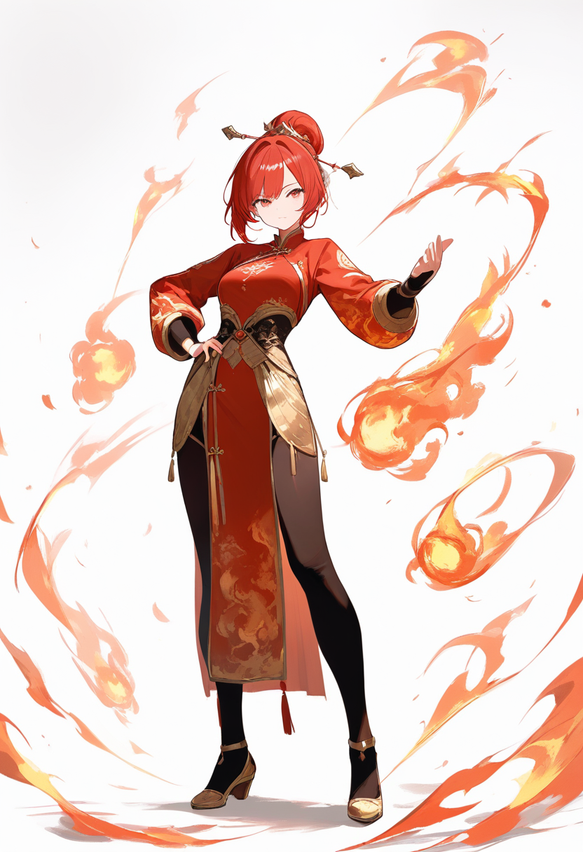 A pyro vision bearer with long red hair, ornate red and gold Chinese-inspired outfit, fire effects swirling around her