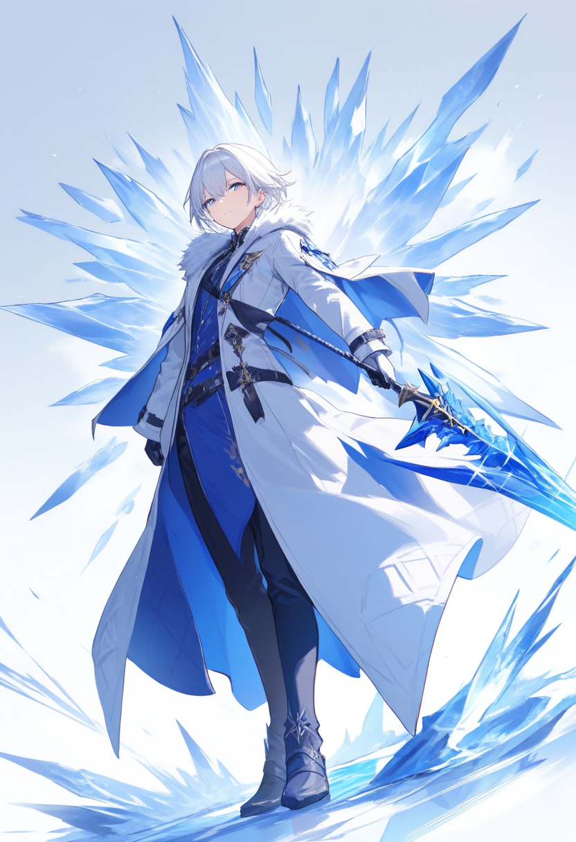 A cryo vision bearer with silver white hair, elegant blue coat, ice crystals forming around his polearm weapon