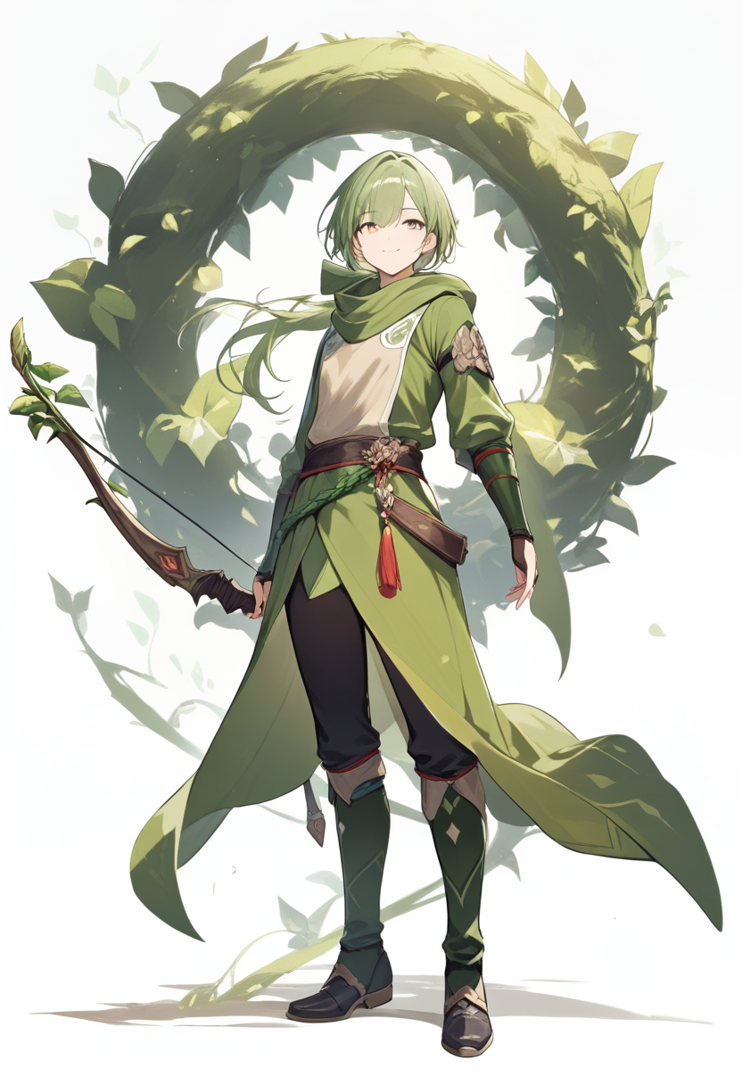 A dendro vision bearer with green hair, brown and green adventurer outfit with vine patterns, holding a bow with a gentle smile