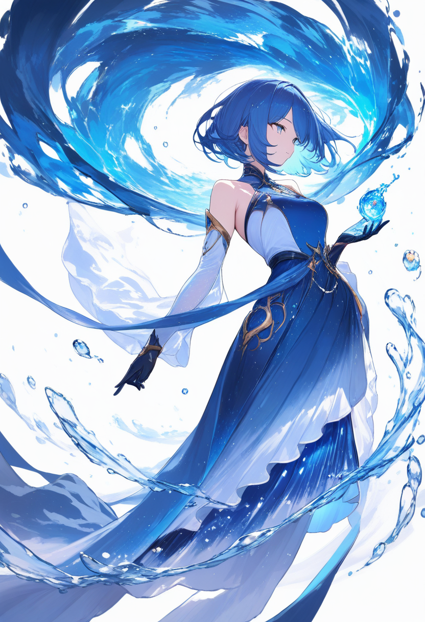 A hydro vision bearer with long blue hair, flowing white and blue dress, water droplets suspended around her catalyst