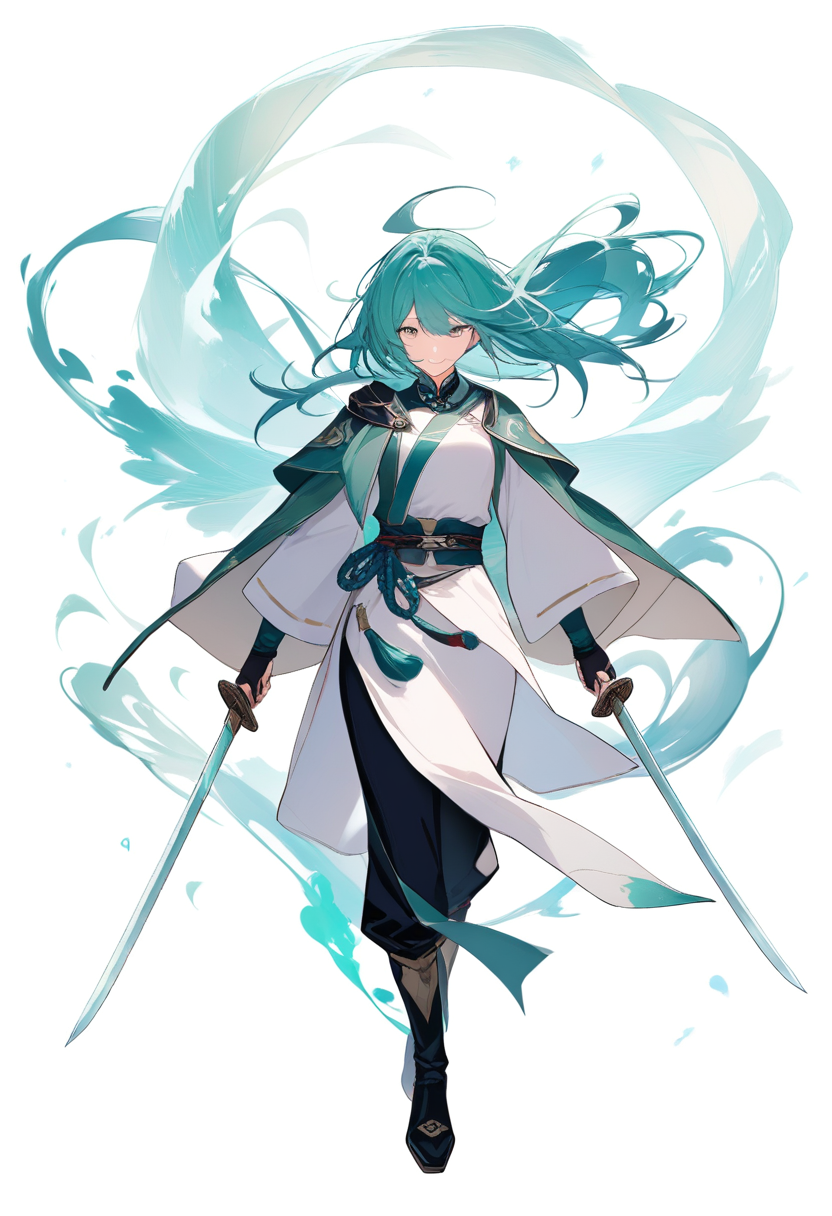 An anemo vision bearer with teal hair, white and green windswept outfit, wind swirls around dual swords, carefree smile