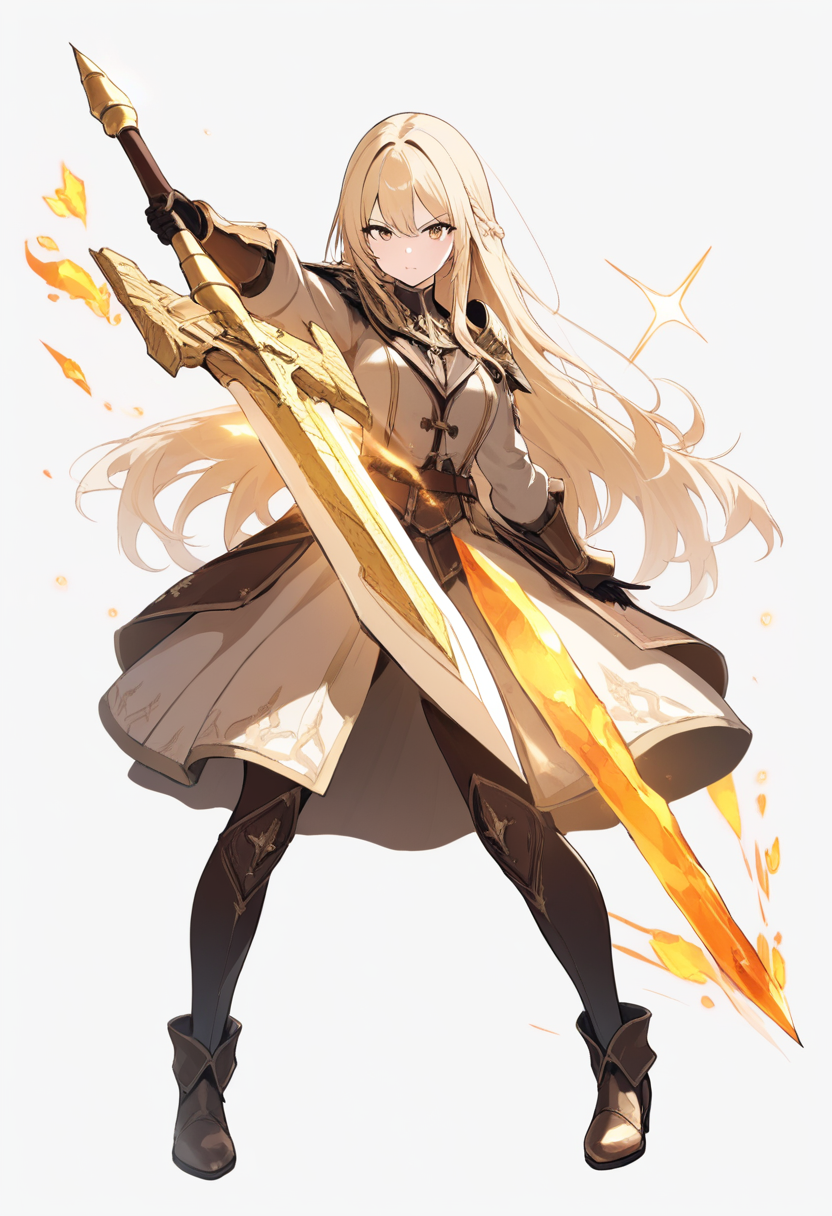 A geo vision bearer with golden blonde hair, ornate amber and brown outfit, crystalline effects around her claymore