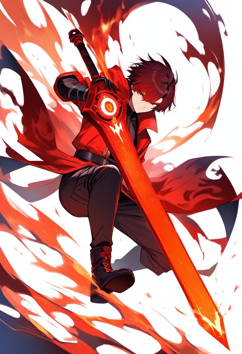 A pyro vision bearer with dark red hair, black and crimson coat with flame patterns, wielding a greatsword with intense gaze
