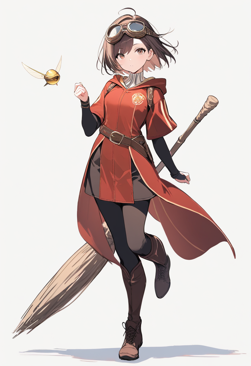 A Quidditch seeker in red and gold robes on a broomstick, flying goggles and windswept hair, catching the golden snitch