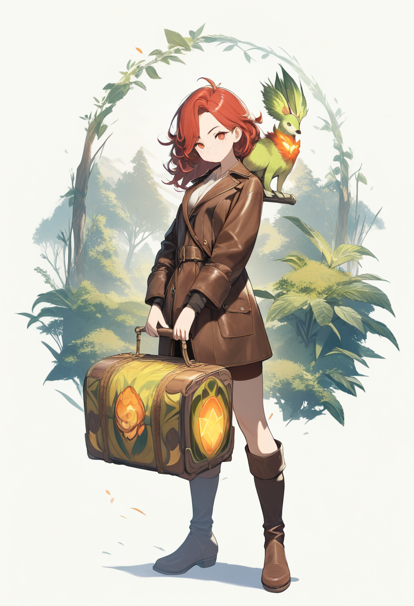 A magizoologist in a leather traveling coat with a magical creature on her shoulder, wavy red hair and freckles, enchanted suitcase