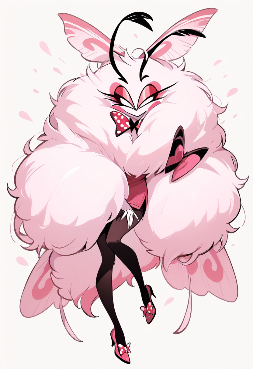 A moth demon with large fluffy pastel pink wings, antennae, soft lavender fur, big innocent round eyes, polka dot bow tie
