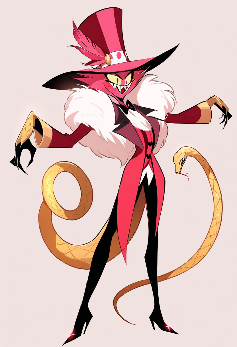 A snake demon with long serpentine tail, scales in gold and green, fedora hat, dramatic pink feather boa, theatrical showman pose