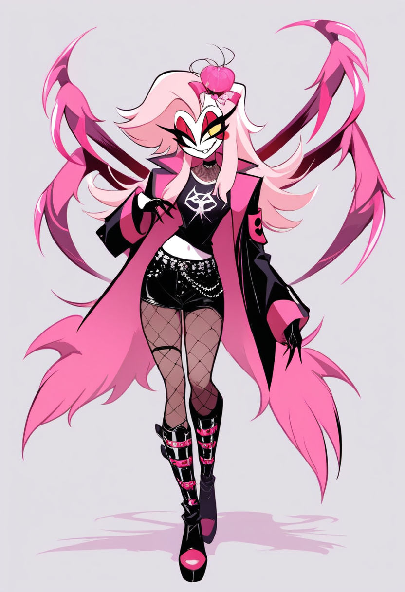 A spider demon with four arms, fluffy white and pink color scheme, mismatched eyes, go-go boots, punk rock outfit with fishnet
