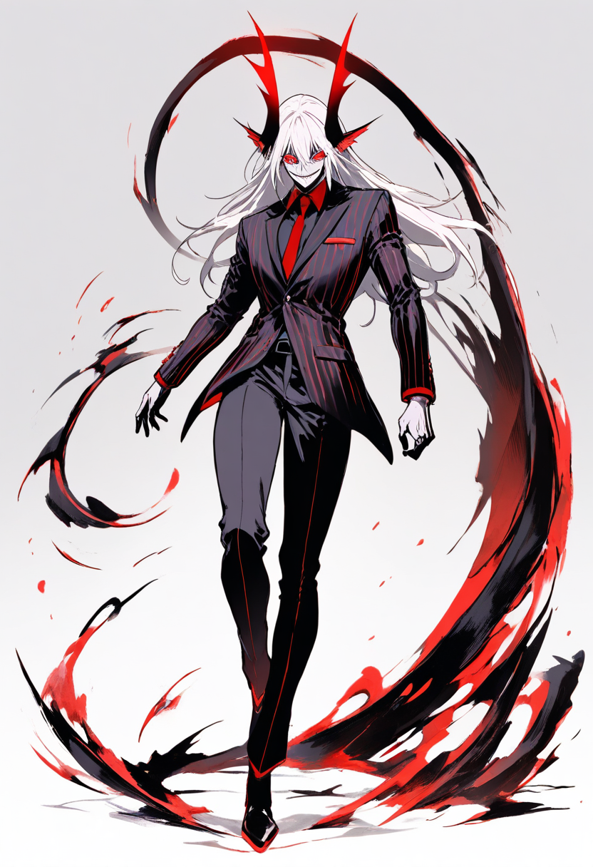 A tall demon with pale grey skin, long sharp horns, red and black pinstripe suit, sinister grin, glowing red eyes in a dark hellscape office