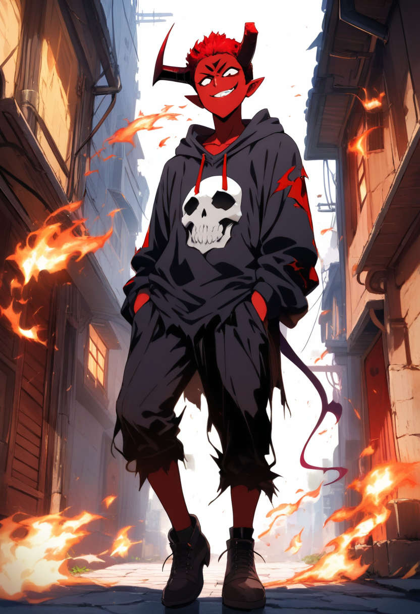 An imp demon boy with dark crimson skin, broken horn, white skull face marking, torn black hoodie, mischievous smirk in fire and brimstone