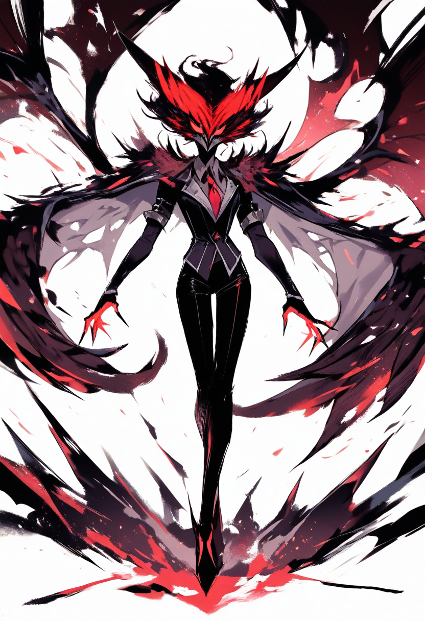 An owl demon with dark feathers, large glowing yellow eyes, regal red and gold robe, holding an ancient grimoire in a gothic hell library