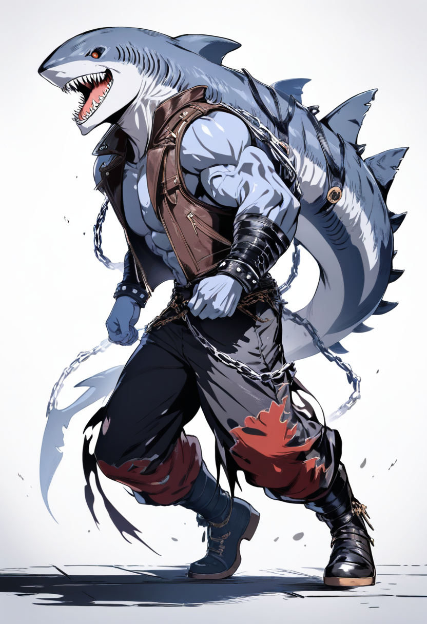 A shark demon with blue-grey skin, fin on back, rows of sharp teeth, muscular build, leather vest and chains at a hellish dockside pier