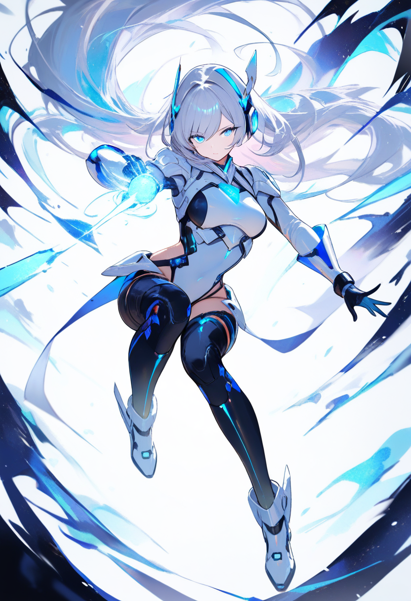 A futuristic space warrior with long silver hair, glowing blue eyes, astral energy effects, high tech armor in a dynamic action pose