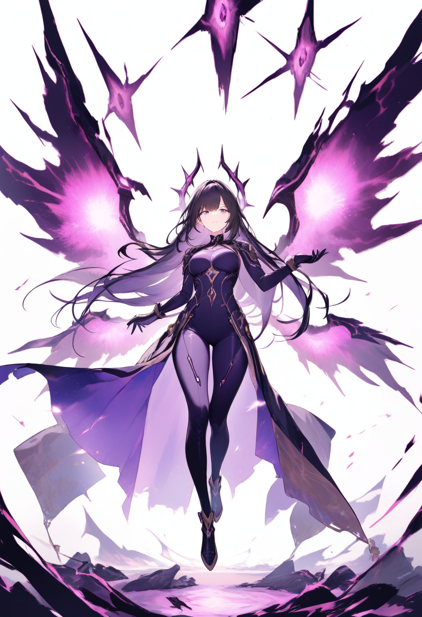 A nihility path character in dark purple bodysuit, long black hair, void energy with ethereal shadowy wings in a mysterious floating pose