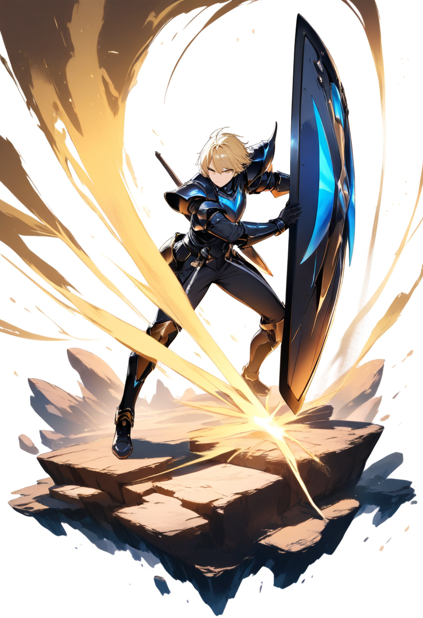 A preservation path knight in heavy futuristic armor with shield, blonde hair, golden aura in a defensive stance