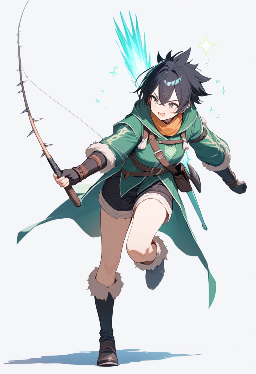 A hunter in green jacket and shorts, spiky black hair, fishing rod weapon, cheerful running pose with nen aura glow