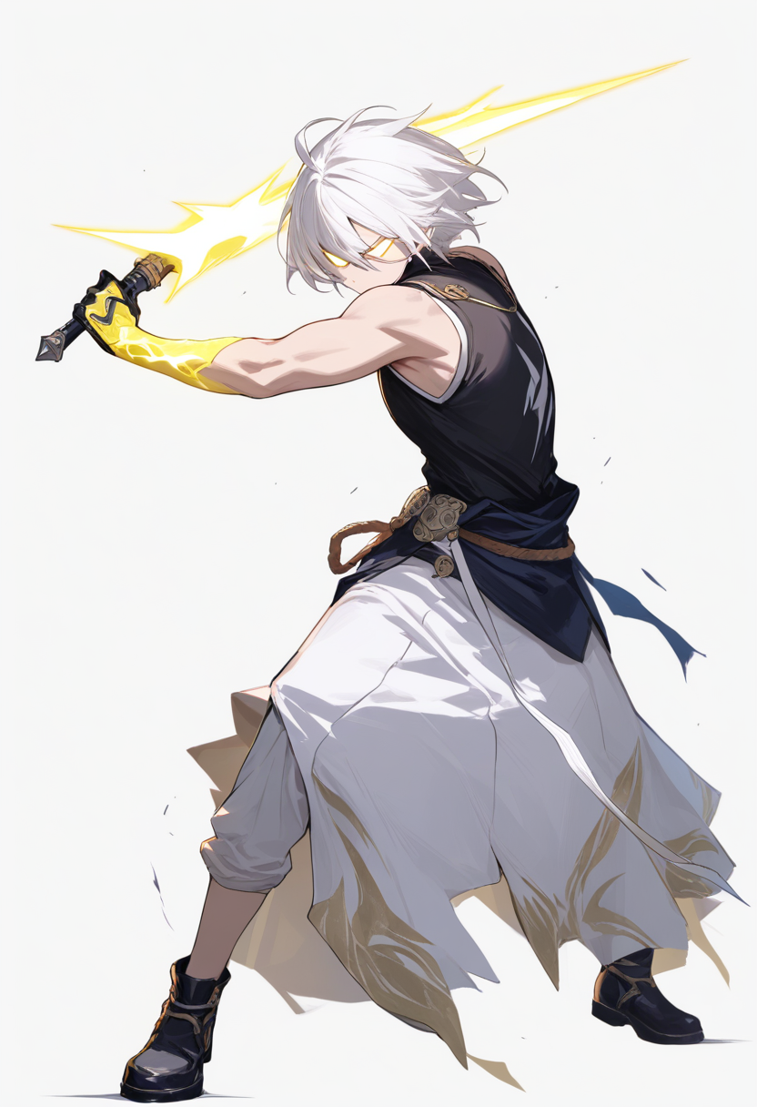 A zoldyck assassin in dark sleeveless shirt, white hair, electric nen lightning, cat-like eyes in an assassination stance