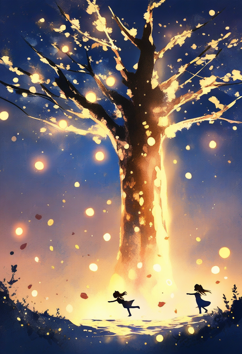 A magical storybook scene of a child reading under a giant glowing tree, fireflies dancing around, watercolor style with soft golden light