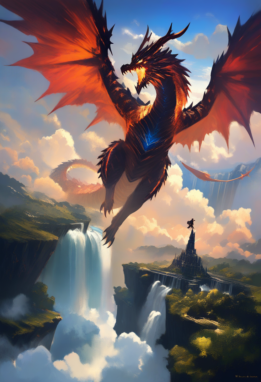 A fantasy kingdom floating among the clouds, waterfalls cascading into the sky, dragon silhouettes in the distance, painterly digital art