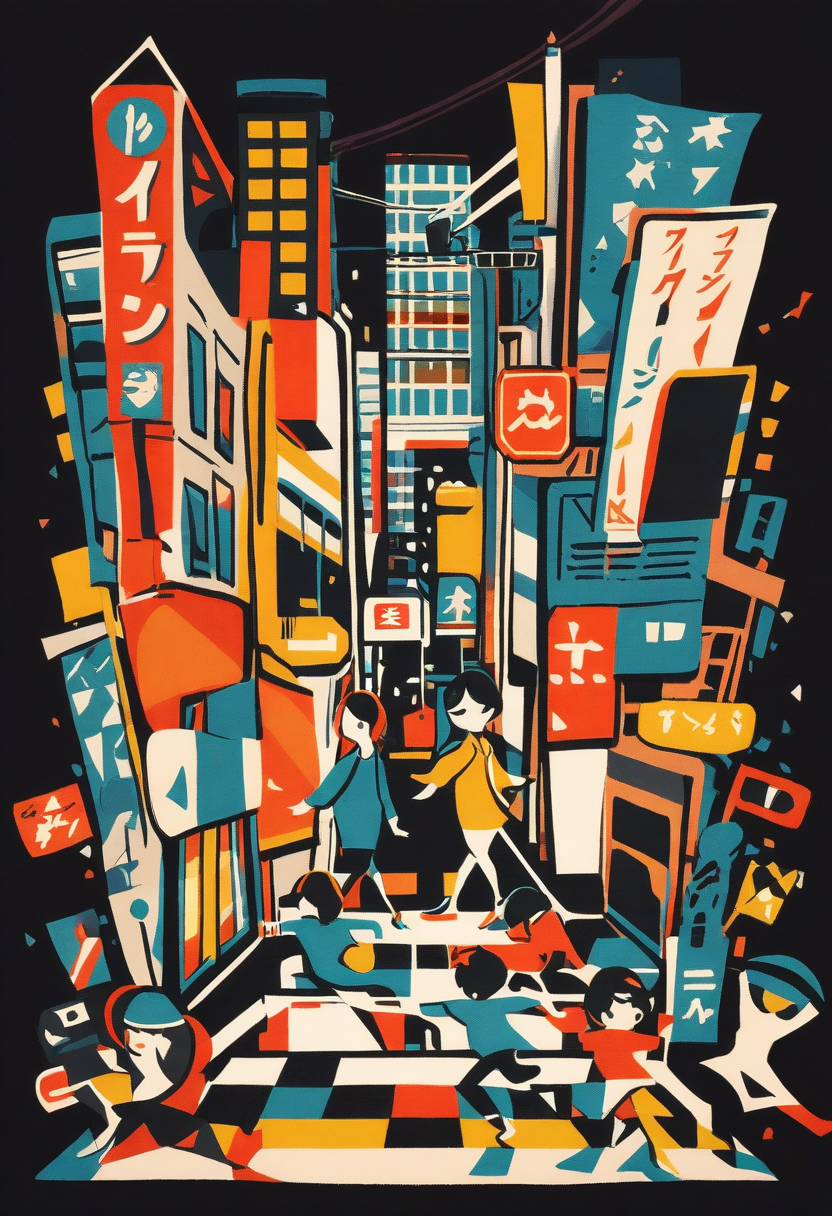 Editorial magazine illustration of a bustling Tokyo street crossing, stylized figures with bold outlines, flat color blocking, mid-century modern feel