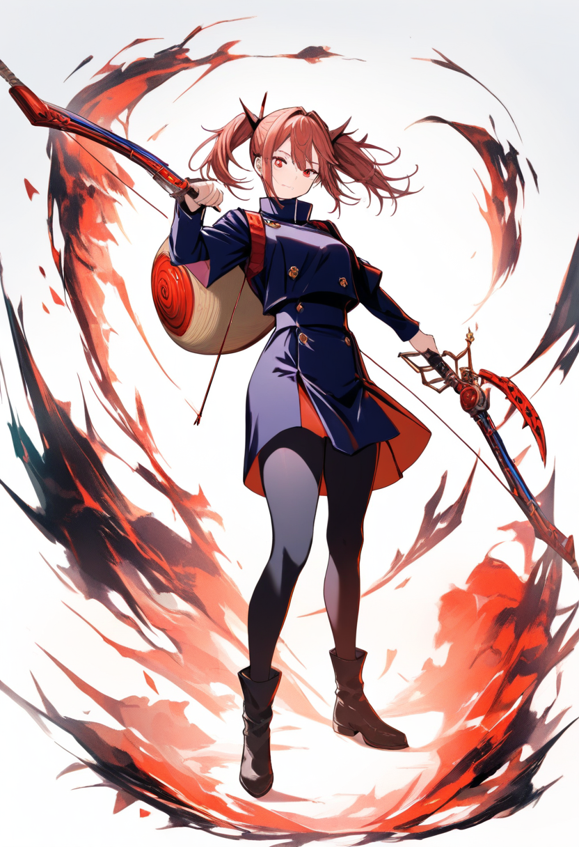 A Kyoto Jujutsu High student with twin tails auburn hair, cursed technique activation with red geometric sigils, bow weapon on back