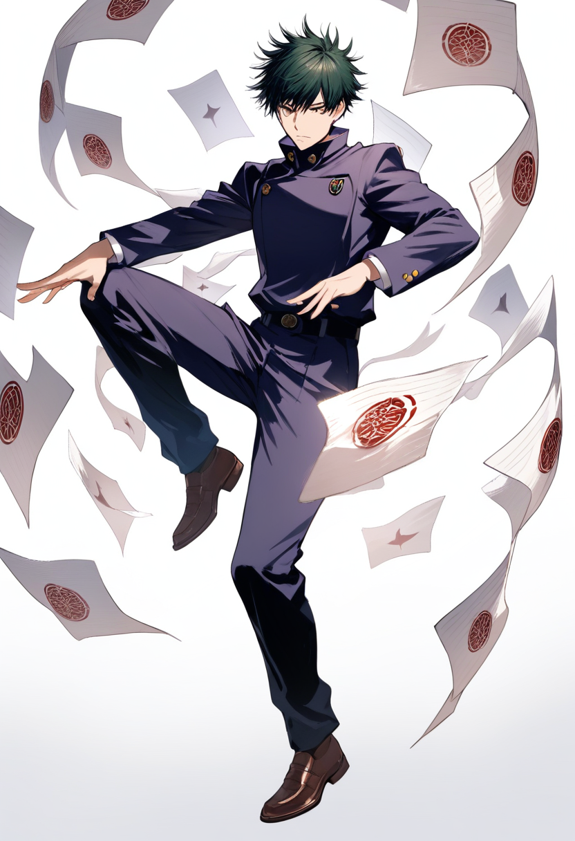 A ten shadows technique user with spiky dark green hair, shikigami wolf companion beside him, paper talismans floating around